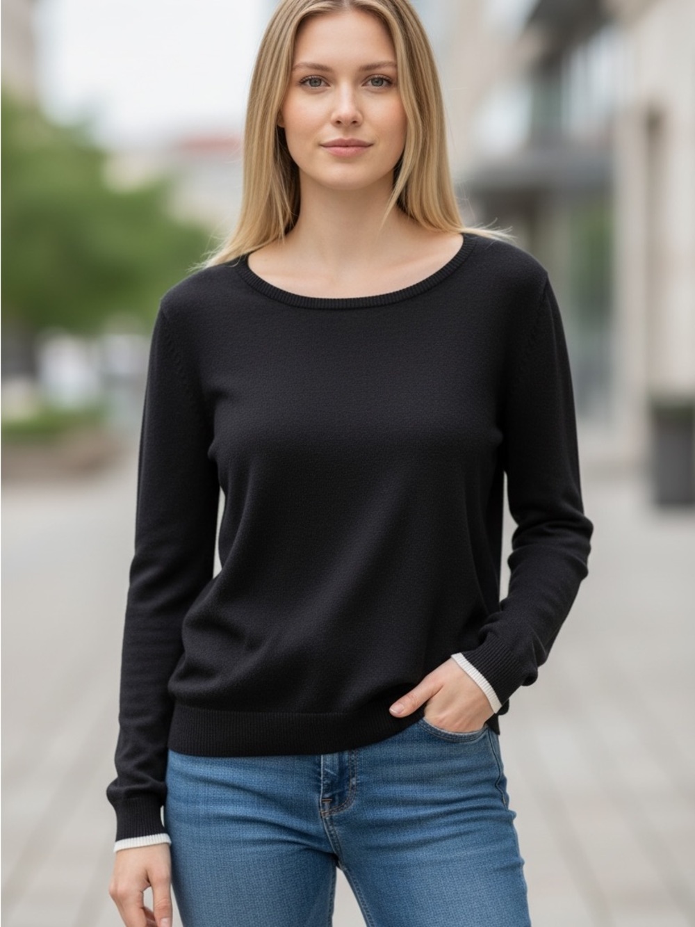 Absolutely Creative Worldwide Black Rayon Blend Sweater M Ivory Cuffs